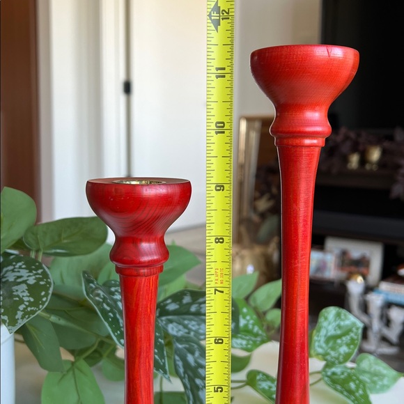 Vintage Red Wood Candle Holders Pair Made in Sweden - Picture 11 of 12